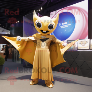 Gold Manta Ray mascot costume character dressed with a Tank Top and Wraps