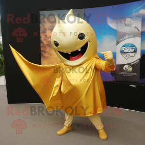 Gold Manta Ray mascot costume character dressed with a Tank Top and Wraps