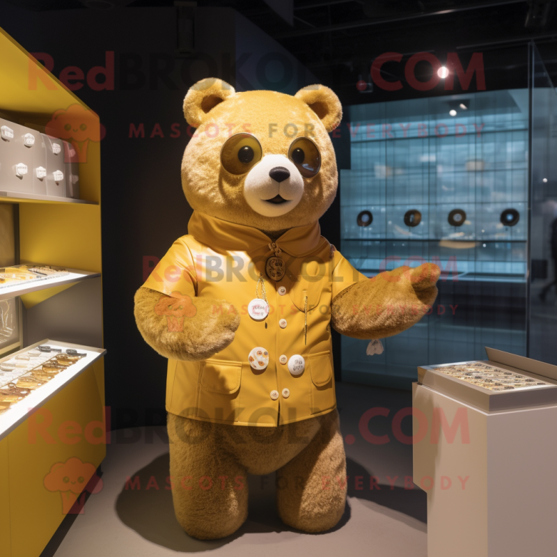 Gold Bear mascot costume character dressed with a Cardigan and Coin purses Gold Bear mascot costume character dressed with a Cardigan and Coin purses