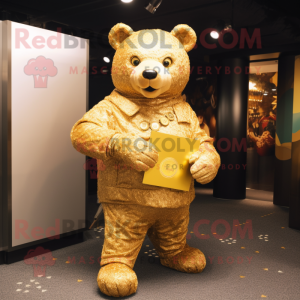Gold Bear mascot costume character dressed with a Cardigan and Coin purses