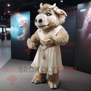 Beige Buffalo mascot costume character dressed with a Sheath Dress and Anklets