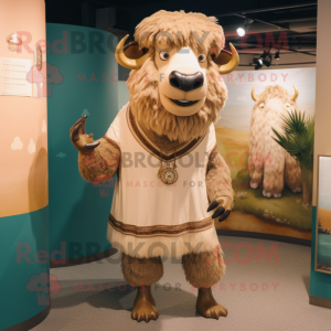 Beige Buffalo mascot costume character dressed with a Sheath Dress and Anklets