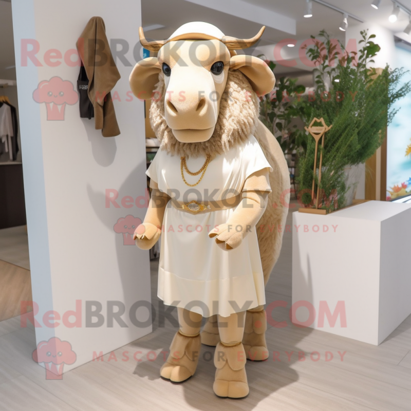 Beige Buffalo mascot costume character dressed with a Sheath Dress and Anklets