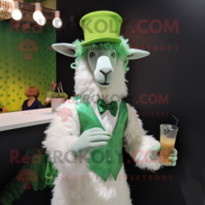 Green Angora Goat mascot costume character dressed with a Cocktail Dress and Hats