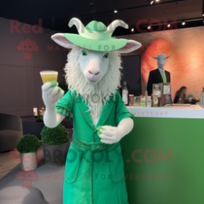 Green Angora Goat mascot costume character dressed with a Cocktail Dress and Hats