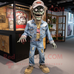 Beige Zombie mascot costume character dressed with a Denim Shirt and Brooches