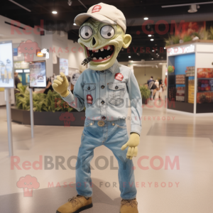 Beige Zombie mascot costume character dressed with a Denim Shirt and Brooches