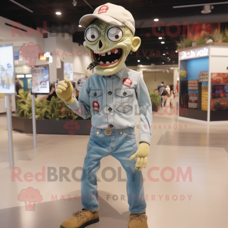 Beige Zombie mascot costume character dressed with a Denim Shirt and Brooches