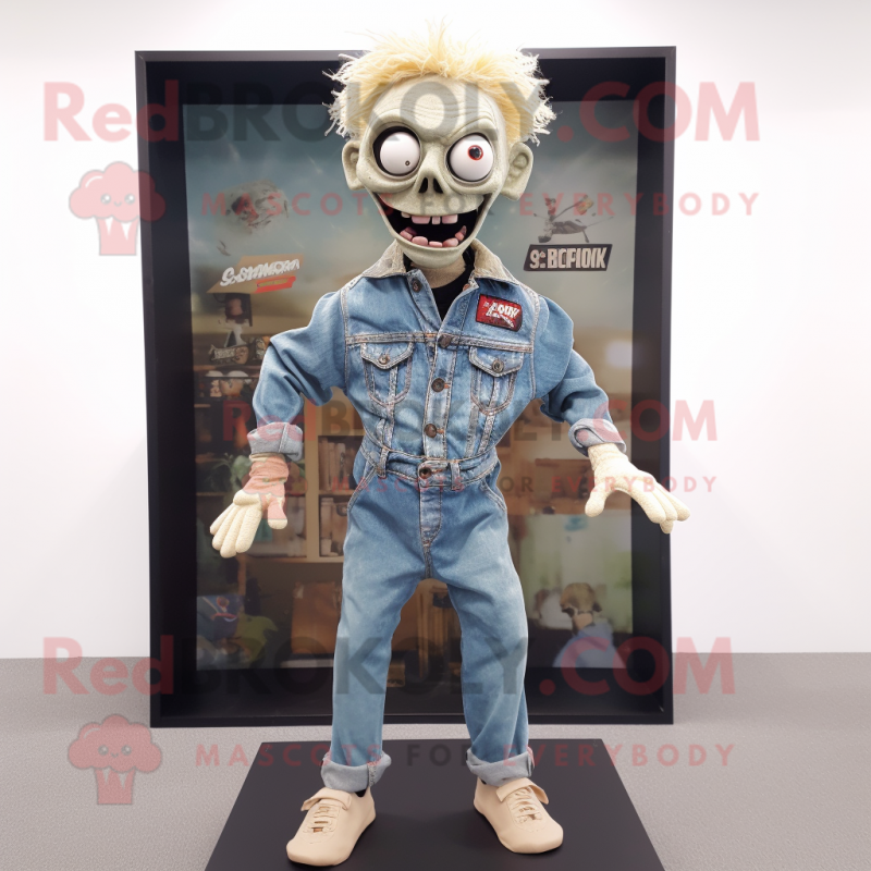 Beige Zombie mascot costume character dressed with a Denim Shirt and Brooches