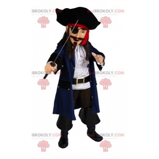 Mascote pirata com uma espada magnífica. Fantasia de pirata -