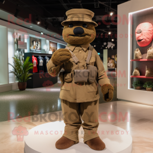 Brown Army Soldier mascot costume character dressed with a Chinos and Clutch bags