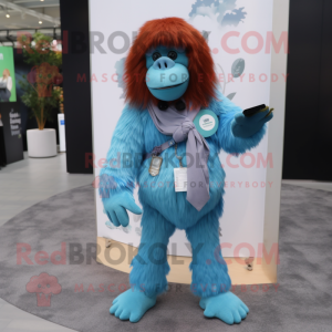 Sky Blue Orangutan mascot costume character dressed with a Cardigan and Pocket squares