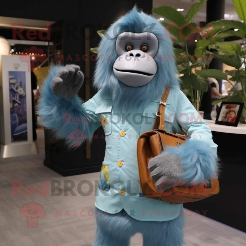 Sky Blue Orangutan mascot costume character dressed with a Cardigan and Pocket squares