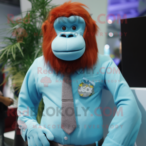 Sky Blue Orangutan mascot costume character dressed with a Cardigan and Pocket squares
