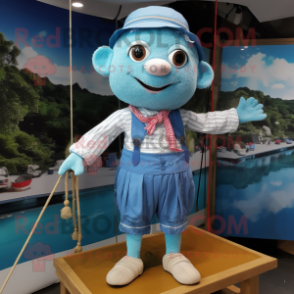 Sky Blue Tightrope Walker mascot costume character dressed with a Cargo Shorts and Pocket squares