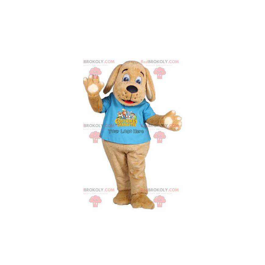 Beżowy pies maskotka z błękitną koszulką - Redbrokoly.com