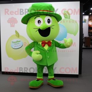 Green Apple mascot costume character dressed with a Bodysuit and Hat pins