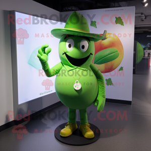 Green Apple mascot costume character dressed with a Bodysuit and Hat pins