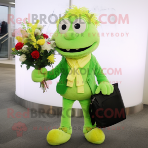 Lime Green Bouquet Of Flowers mascot costume character dressed with a Suit Jacket and Messenger bags