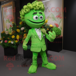 Lime Green Bouquet Of Flowers mascot costume character dressed with a Suit Jacket and Messenger bags