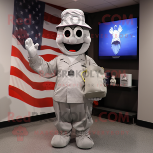 Silver American Soldier mascot costume character dressed with a A-Line Dress and Tote bags