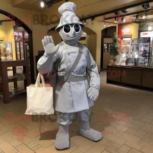 Silver American Soldier mascot costume character dressed with a A-Line Dress and Tote bags