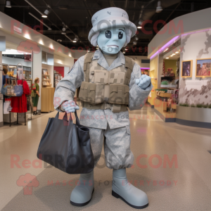 Silver American Soldier mascot costume character dressed with a A-Line Dress and Tote bags