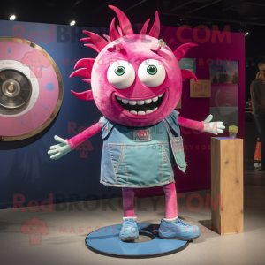 Magenta Plate Spinner mascot costume character dressed with a Denim Shorts and Hairpins