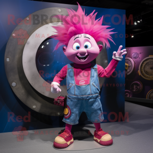 Magenta Plate Spinner mascot costume character dressed with a Denim Shorts and Hairpins