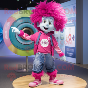 Magenta Plate Spinner mascot costume character dressed with a Denim Shorts and Hairpins
