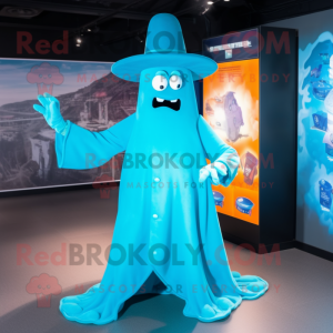 Cyan Ghost mascot costume character dressed with a Bodysuit and Hat pins