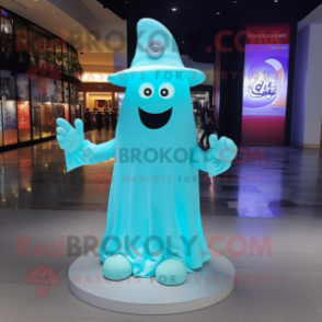 Cyan Ghost mascot costume character dressed with a Bodysuit and Hat pins