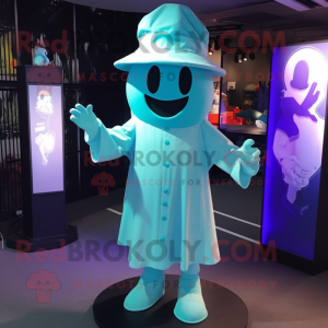 Cyan Ghost mascot costume character dressed with a Bodysuit and Hat pins