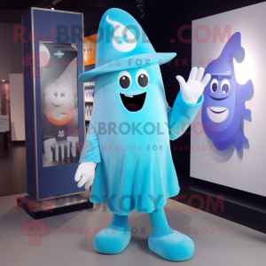 Cyan Ghost mascot costume character dressed with a Bodysuit and Hat pins