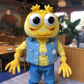 Yellow Crab Cakes mascot costume character dressed with a Denim Shirt and Necklaces