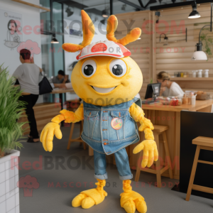 Yellow Crab Cakes mascot costume character dressed with a Denim Shirt and Necklaces