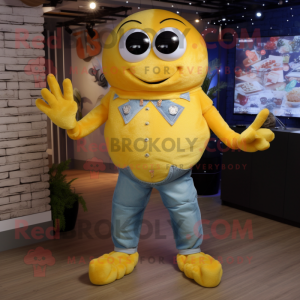 Yellow Crab Cakes mascot costume character dressed with a Denim Shirt and Necklaces