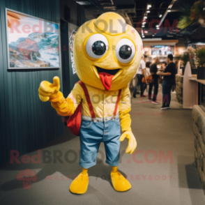 Yellow Crab Cakes mascot costume character dressed with a Denim Shirt and Necklaces