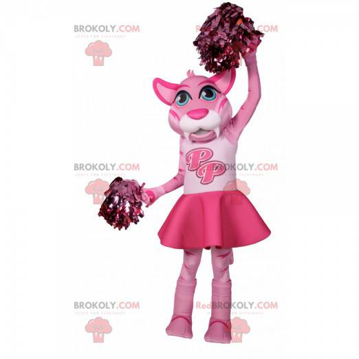 Mascote tigresa rosa com roupa de líder de torcida -