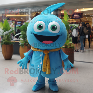 Cyan Ceviche mascot costume character dressed with a Jacket and Anklets