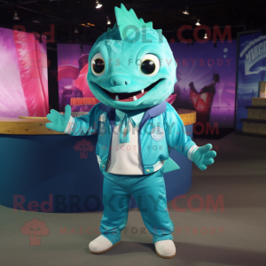 Cyan Ceviche mascot costume character dressed with a Jacket and Anklets