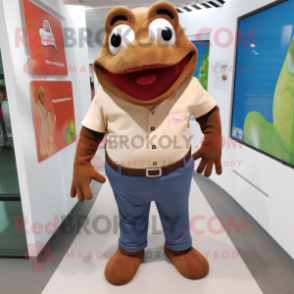 Brown Frog mascot costume character dressed with a Oxford Shirt and Shoe clips