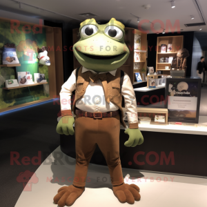 Brown Frog mascot costume character dressed with a Oxford Shirt and Shoe clips