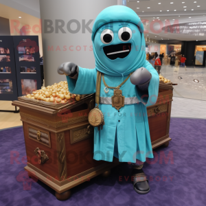 Cyan Treasure Chest mascot costume character dressed with a Cover-up and Shawl pins