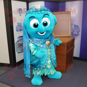 Cyan Treasure Chest mascot costume character dressed with a Cover-up and Shawl pins