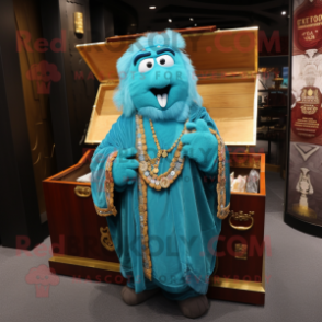 Cyan Treasure Chest mascot costume character dressed with a Cover-up and Shawl pins