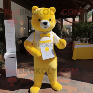Lemon Yellow Bear mascot costume character dressed with a T-Shirt and Pocket squares