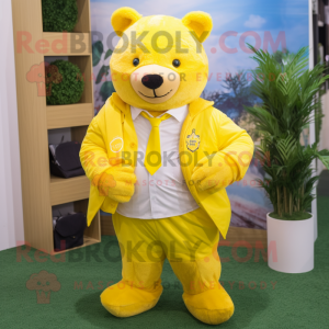 Lemon Yellow Bear mascot costume character dressed with a T-Shirt and Pocket squares