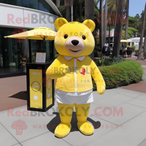 Lemon Yellow Bear mascot costume character dressed with a T-Shirt and Pocket squares