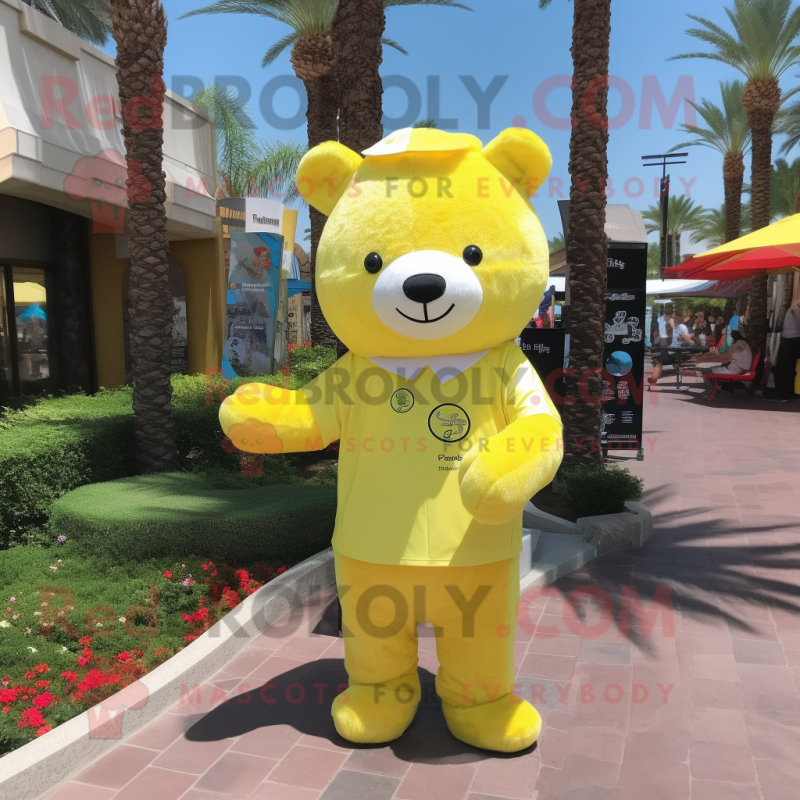 Lemon Yellow Bear mascot costume character dressed with a T-Shirt and Pocket squares